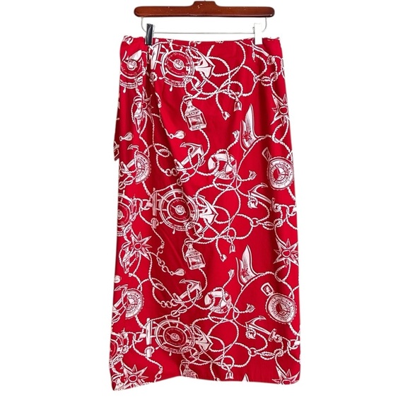 TALBOTS Vintage Red Cotton Nautical MIDI Wrap Skirt Americana Graphic Size 12 - Picture 2 of 14